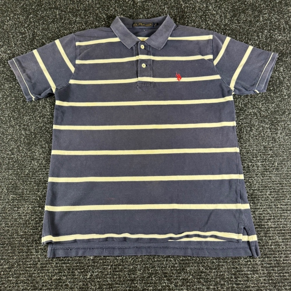 US Polo Assn Mens Large Navy Blue White Striped Short Sleeve Polo Shirt Logo